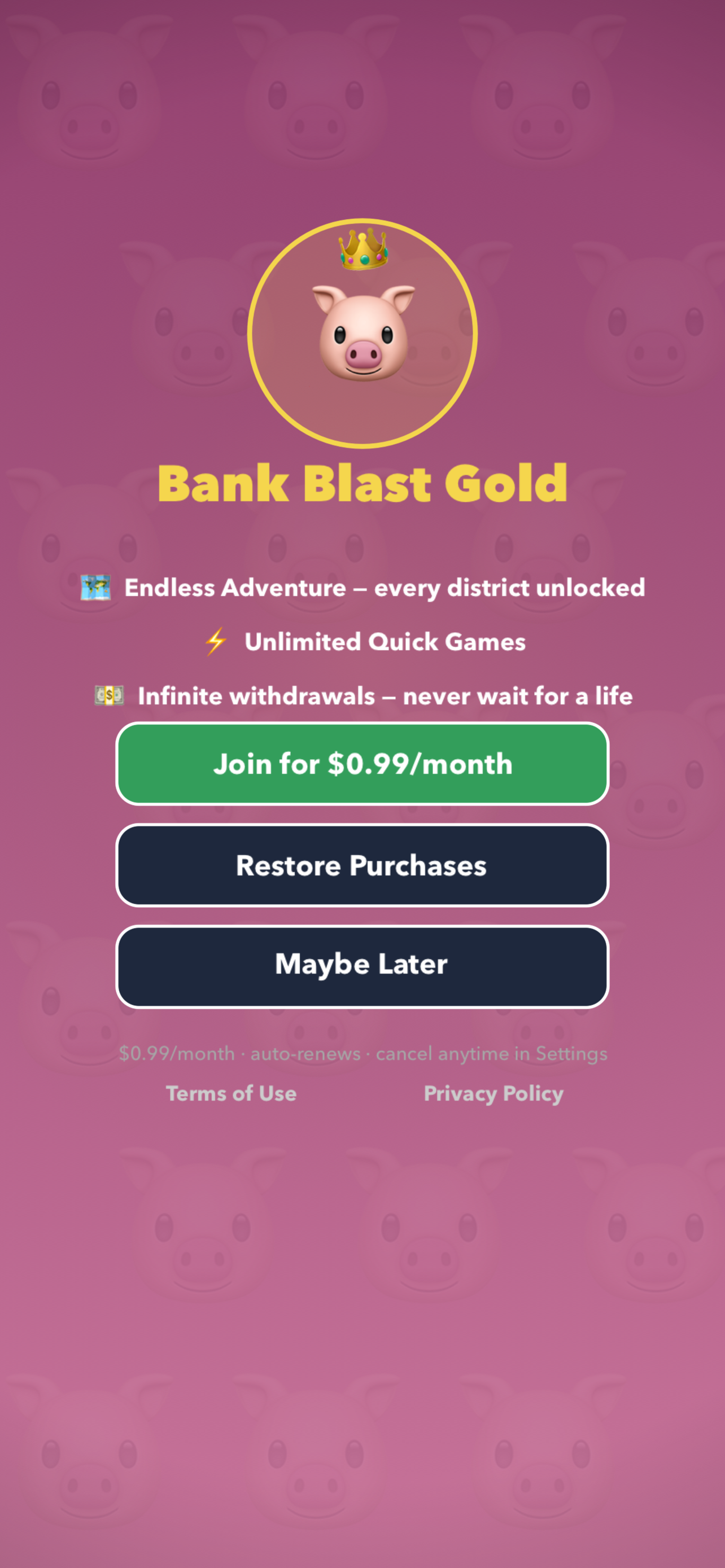 Bank Blast Gold subscription screen