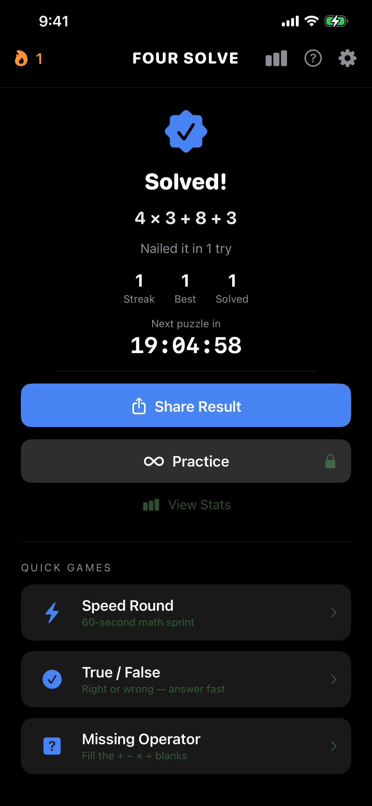 Four Solve quick games menu