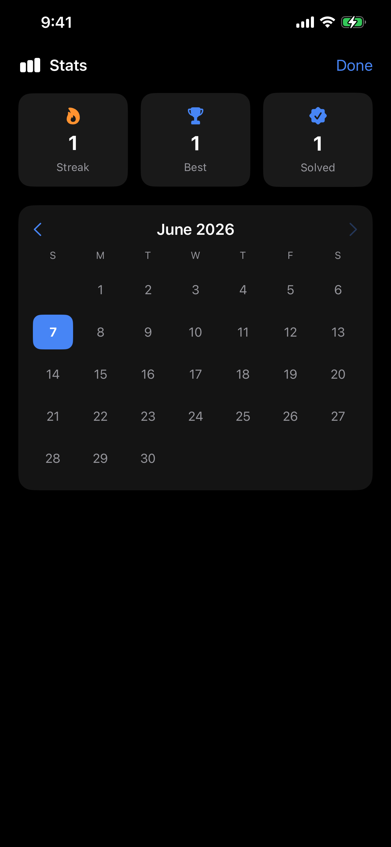 Four Solve stats calendar showing streak and solved days