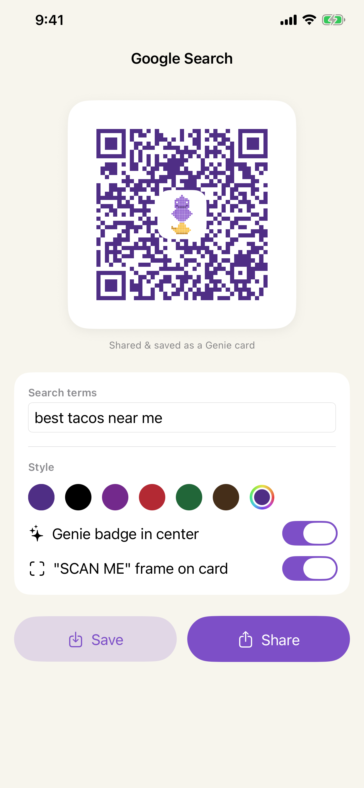 Genie QR Google Search code card