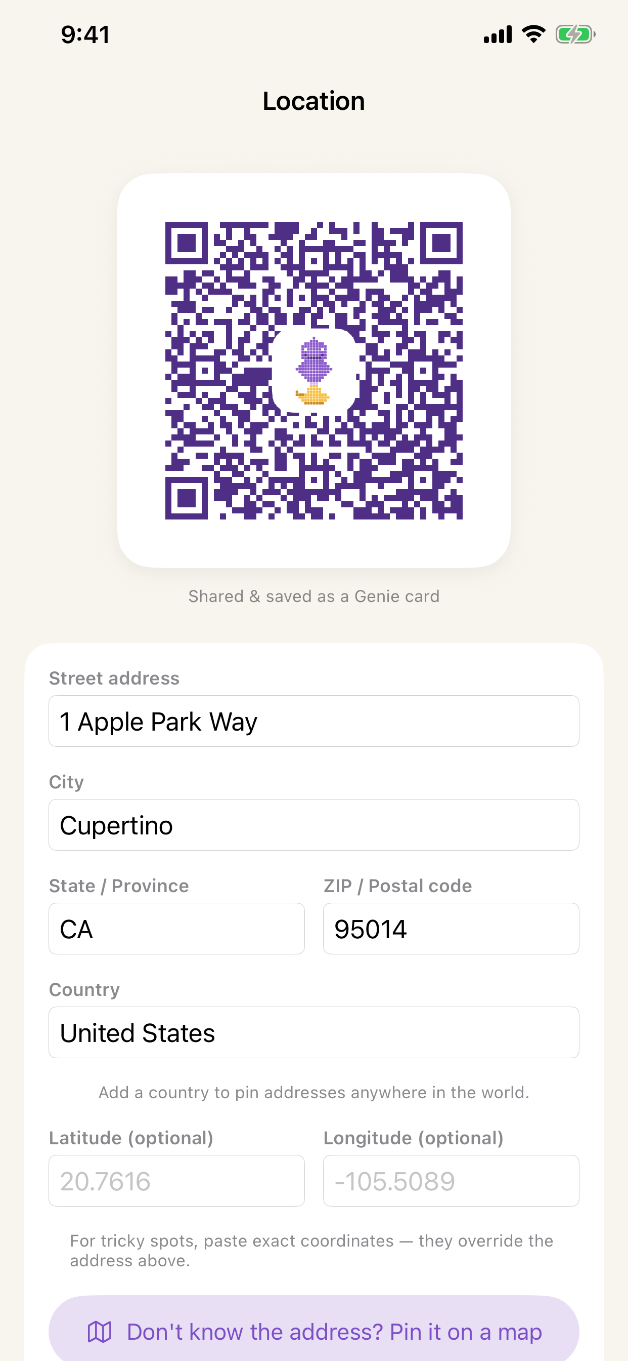Genie QR location code card