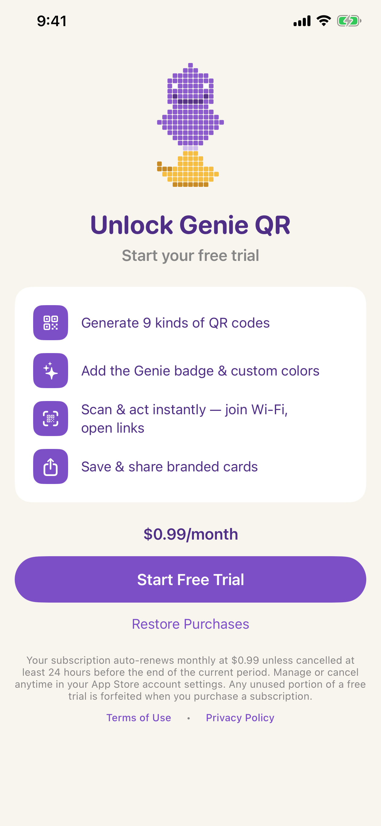 Unlock Genie QR subscription screen