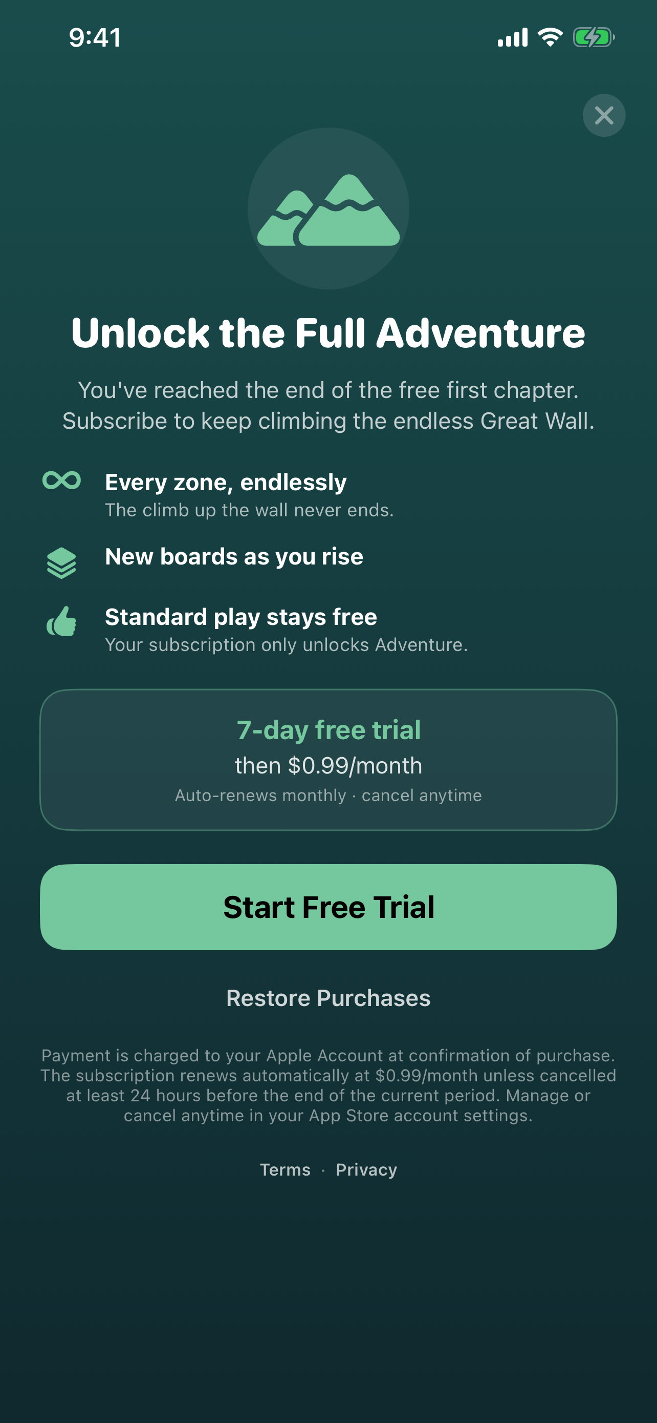 Unlock the Full Adventure subscription screen on iPhone