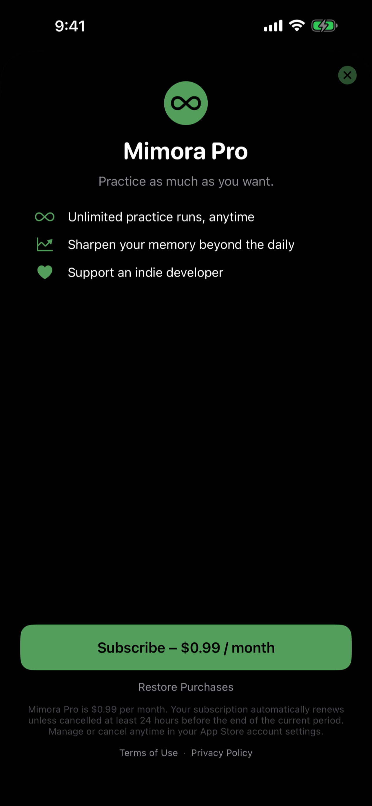 Mimora Pro subscription screen