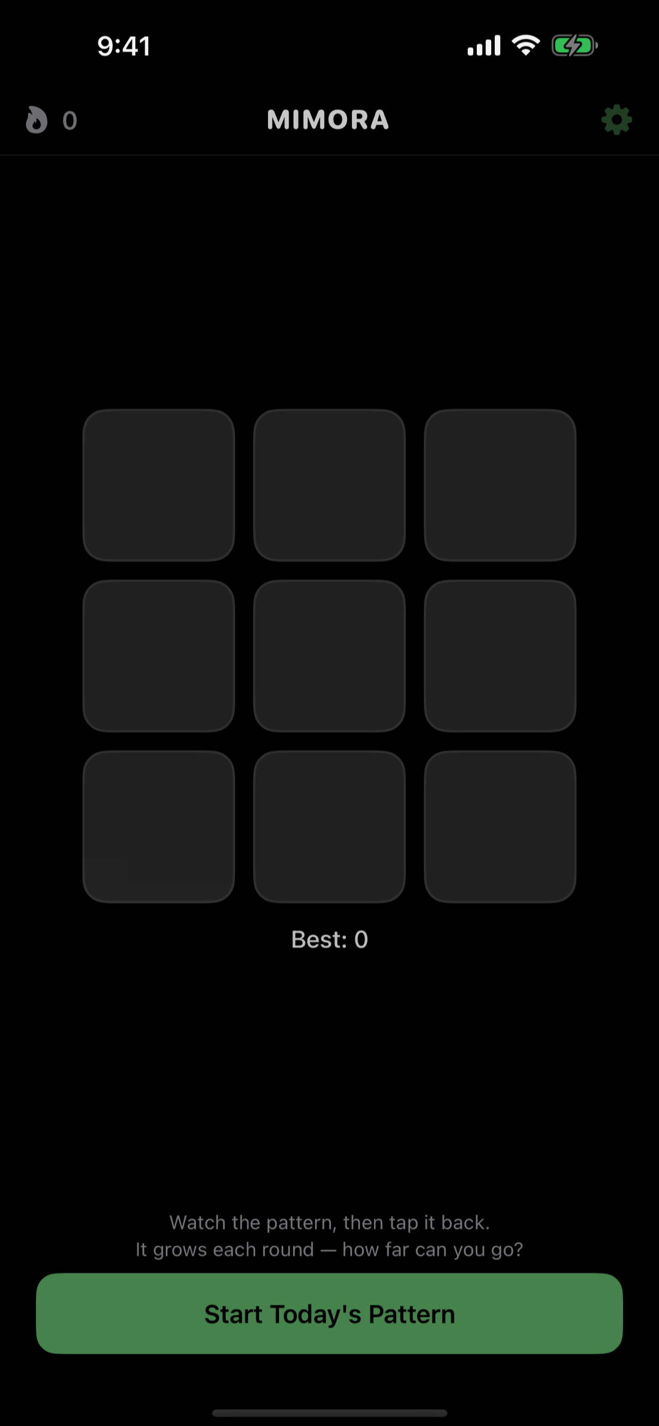 Mimora start screen with today's pattern