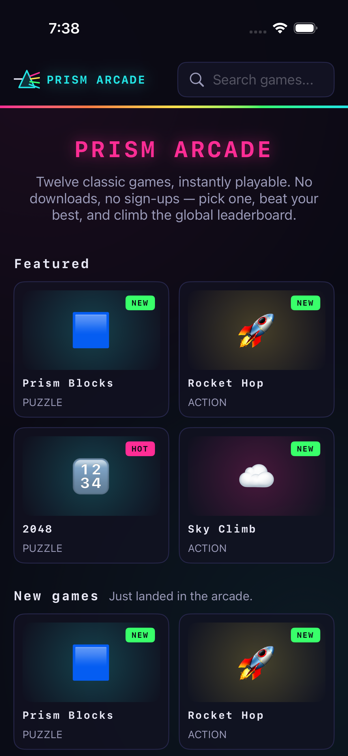 Prism Arcade iOS app home screen showing the game shelves